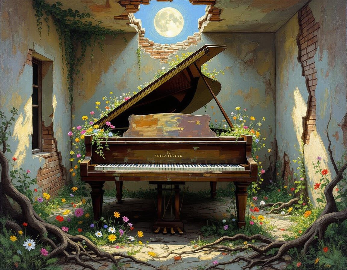Post-Impressionistic Piano in Decaying Room with Flowers