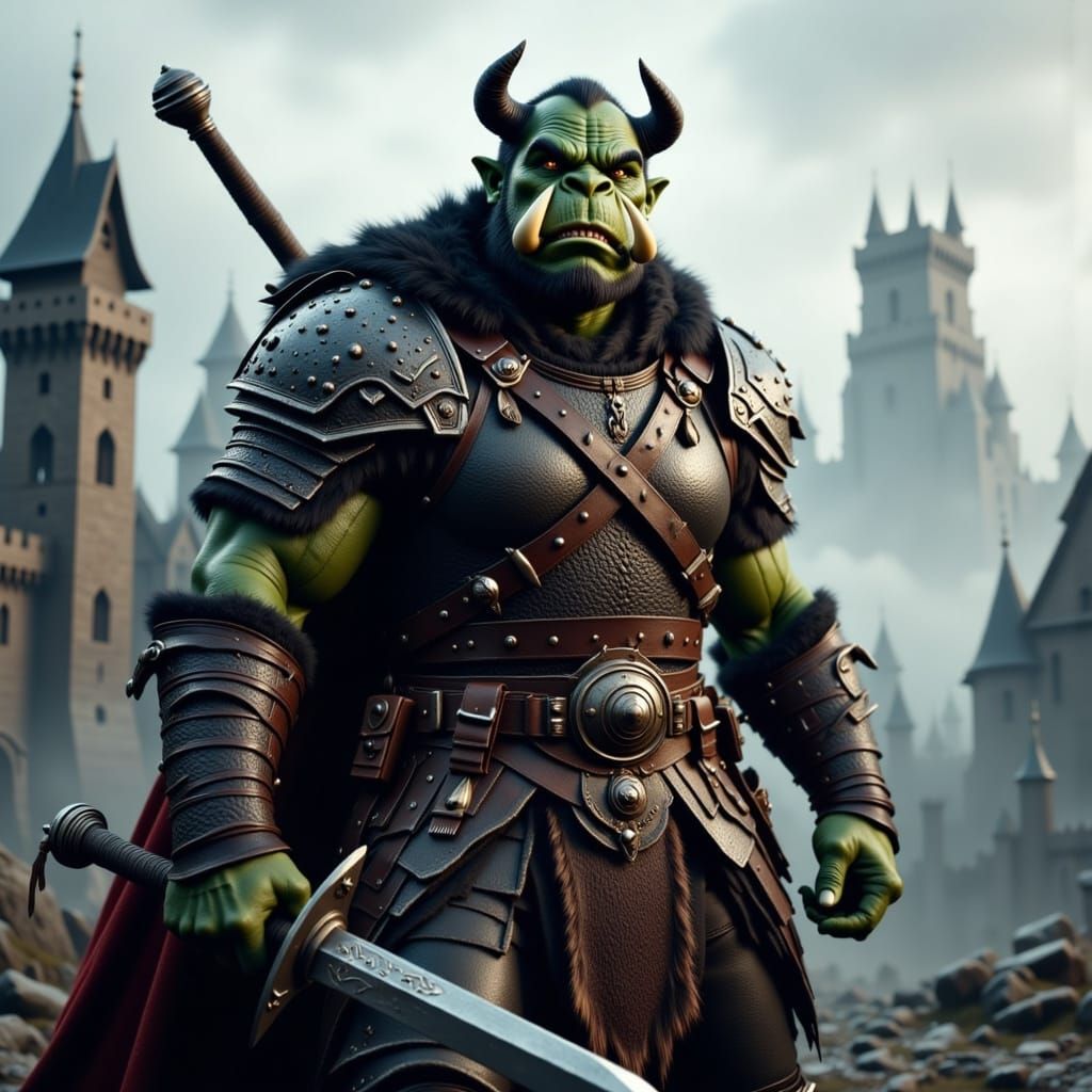 Mighty Green-Skinned Orc Warlord in Black Scale Armor