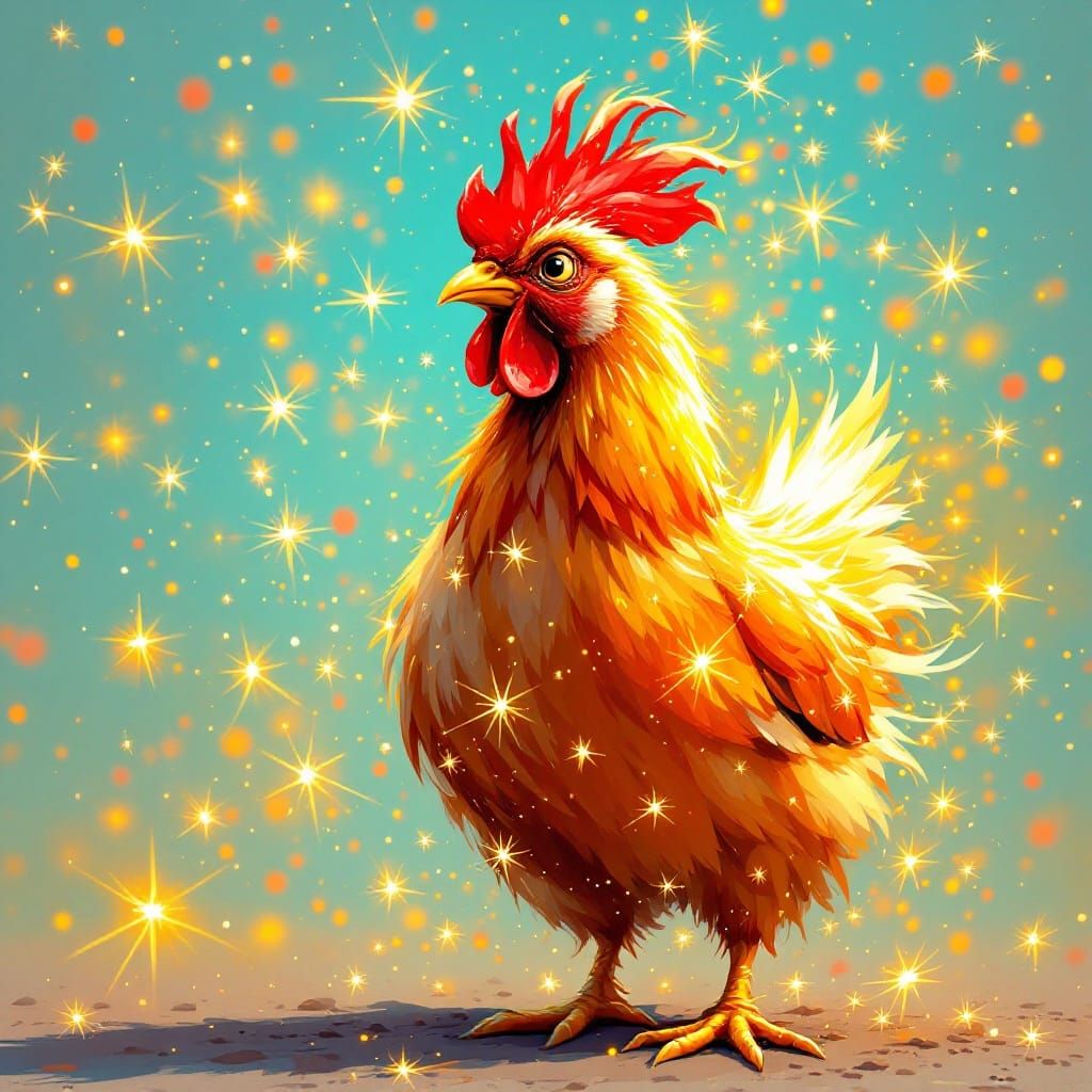 Vibrant Chicken in Whirlwind of Golden Sparks