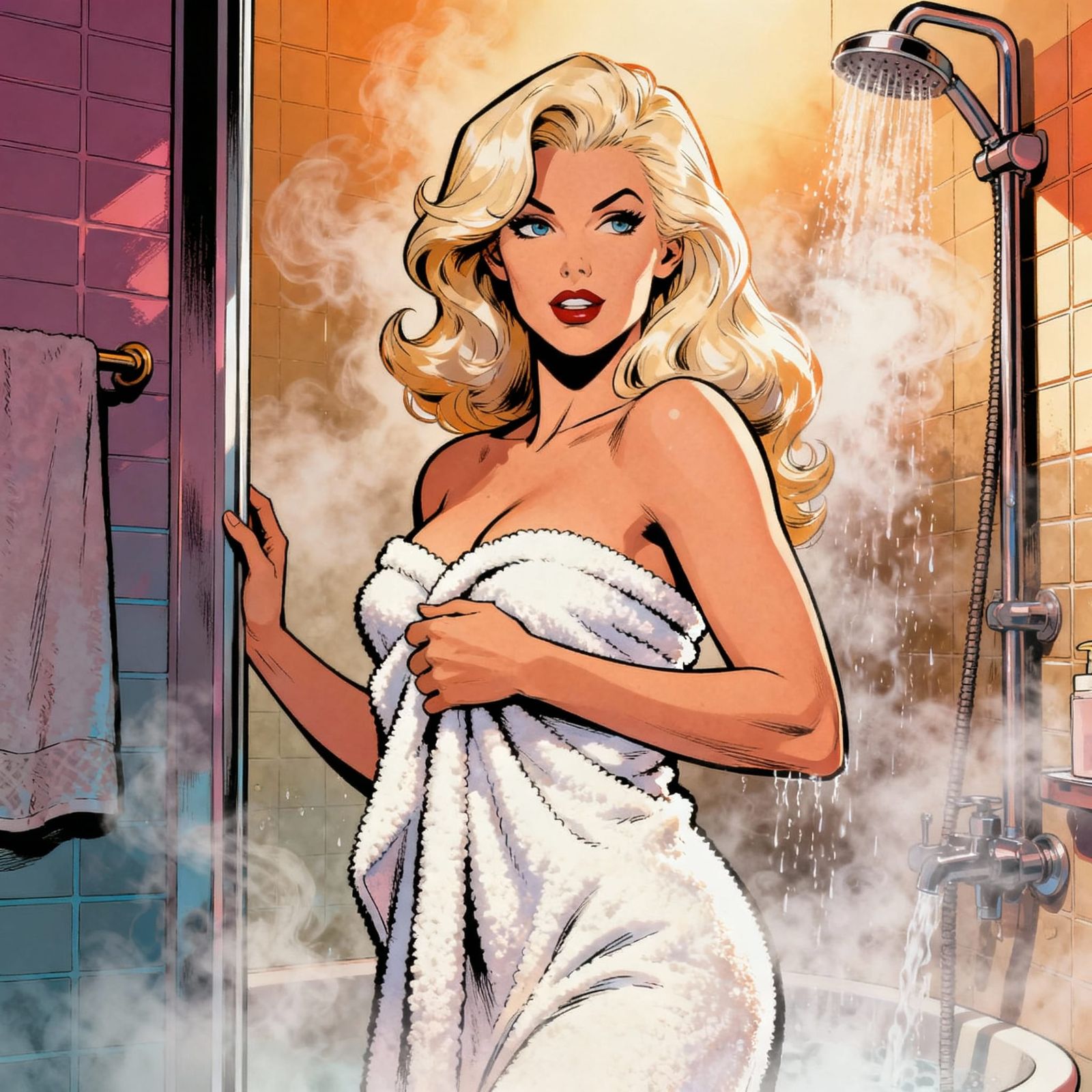 Comic Pin-Up After Shower in Glamorous Style