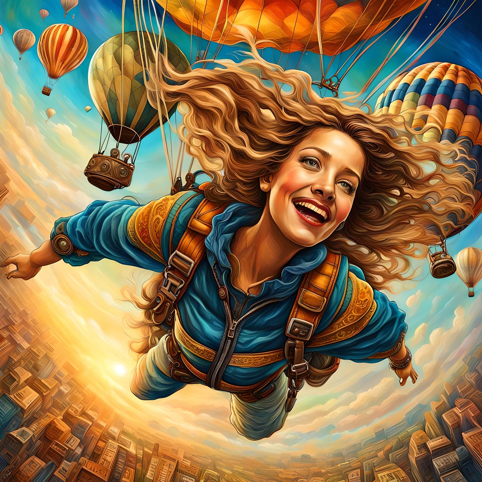 Smiling Skydiver Descends from Hot Air Balloon