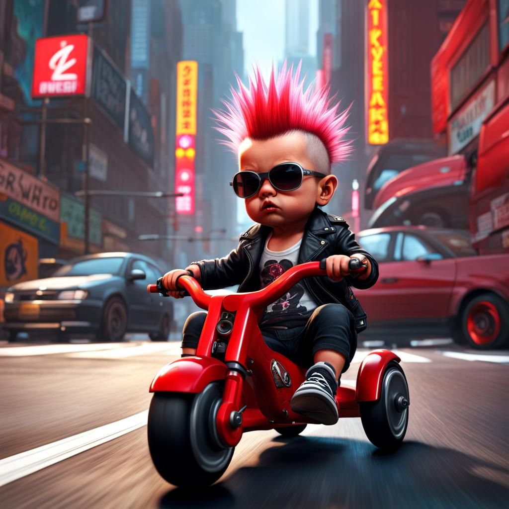 Tough Toddler on Cyberpunk Trike in Hyperrealistic Style