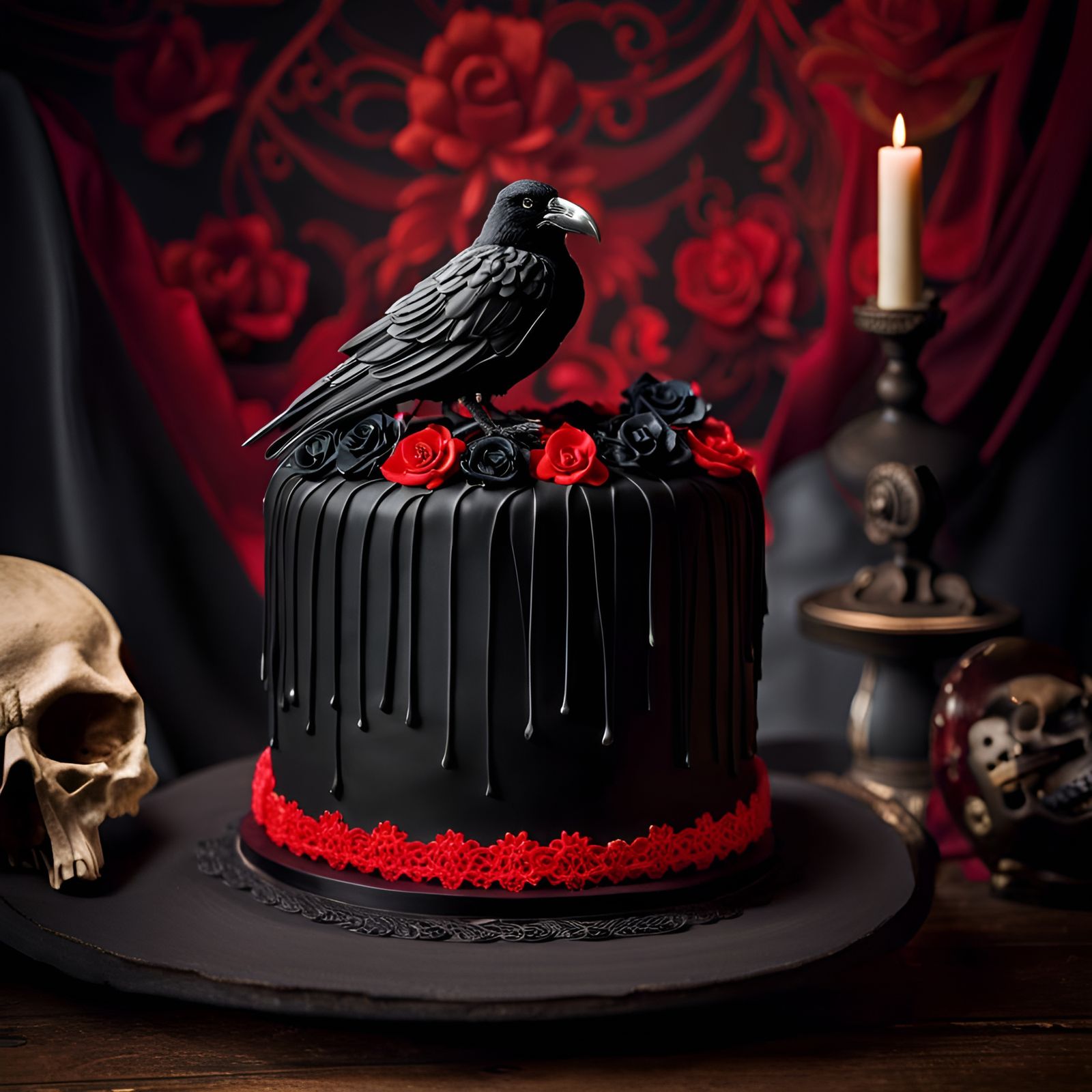 Raven Skull Cake with Red Lace Decoration