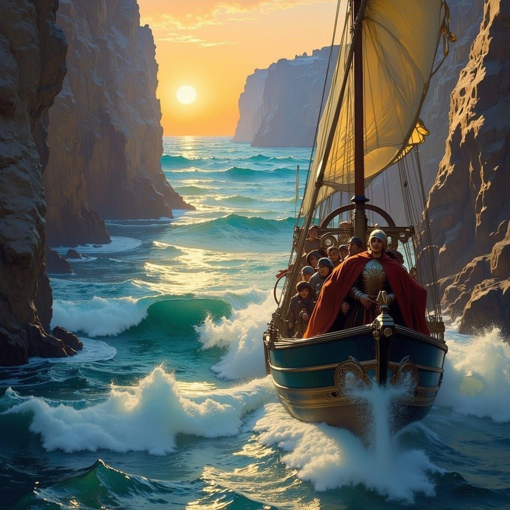 Ancient Greek Heroes Sailing Through Treacherous Strait in A...