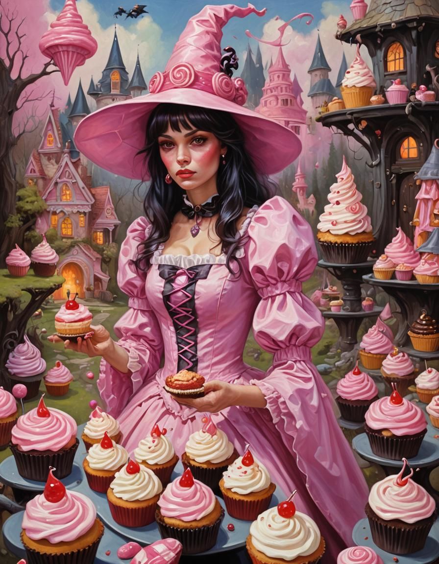 Whimsical Witch in Pink Candyland, Oil Painting