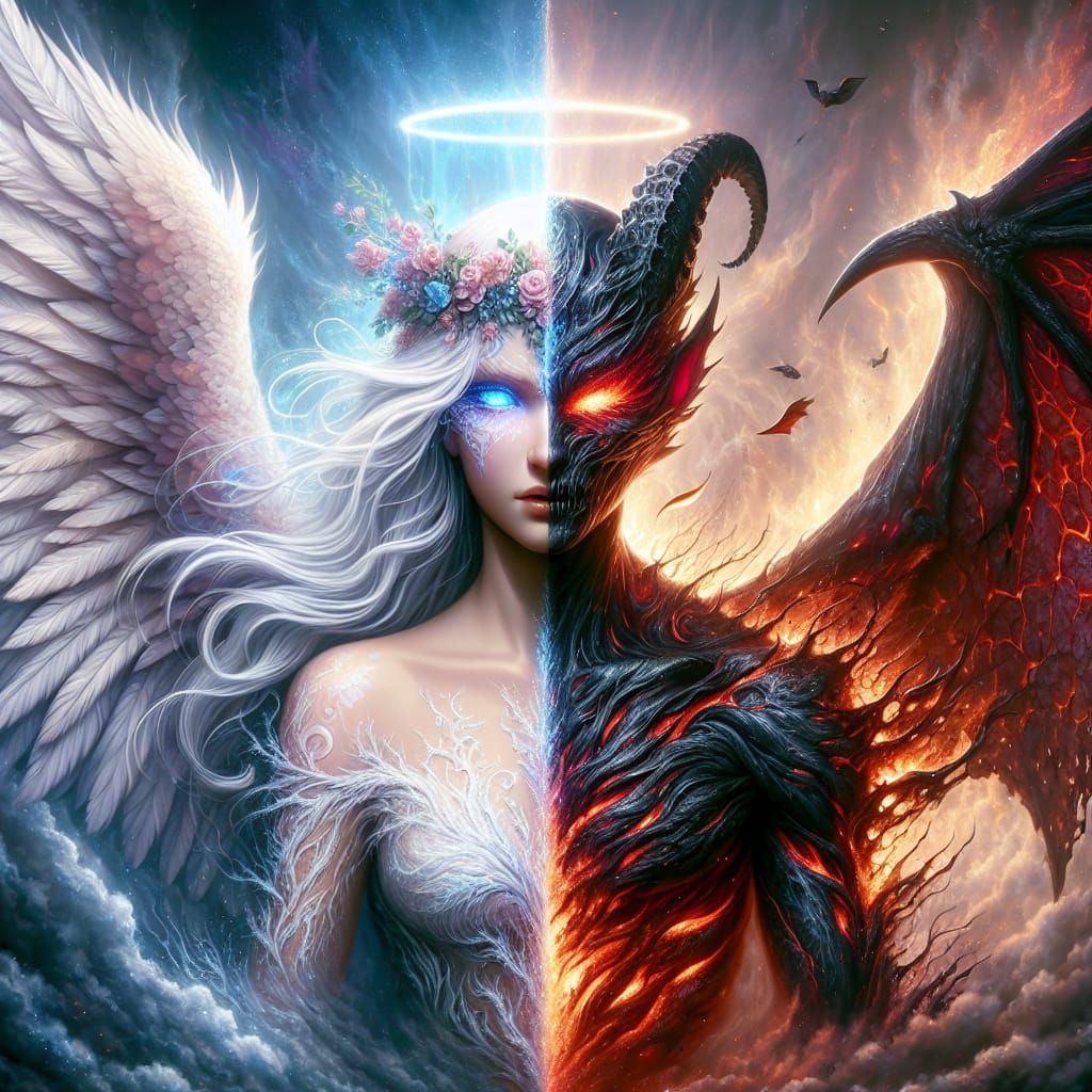 Half Angel, Half Demon Fantasy Creature in Realistic Matte P...