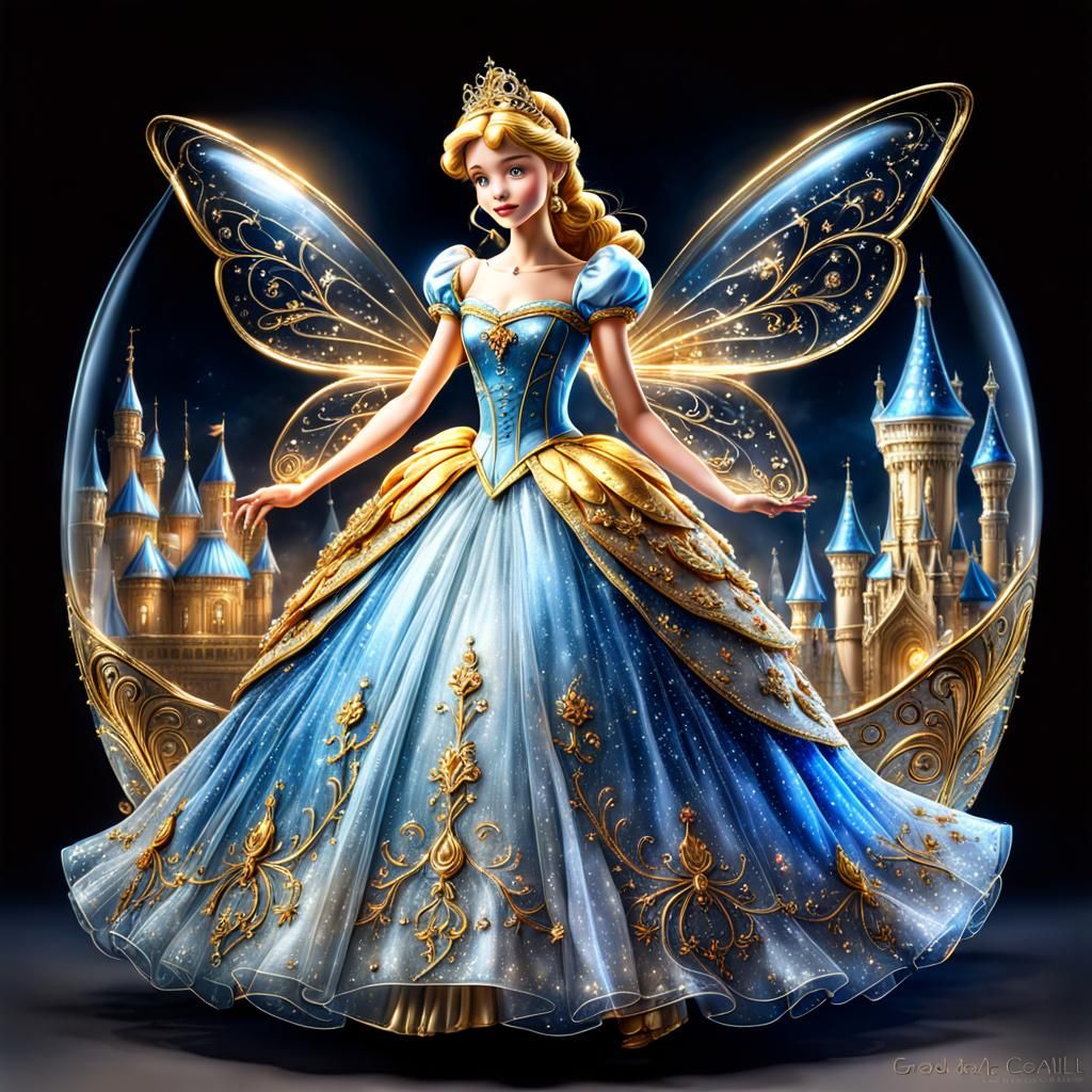 Hyperrealistic Cinderella in Glass Dress with Fairy Tale Det...