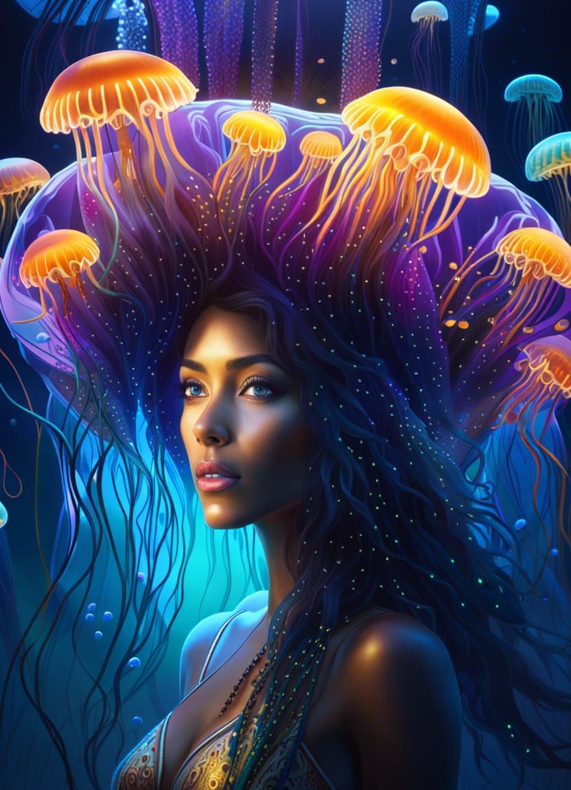 Underwater Woman with Bioluminescent Jellyfish, 8K