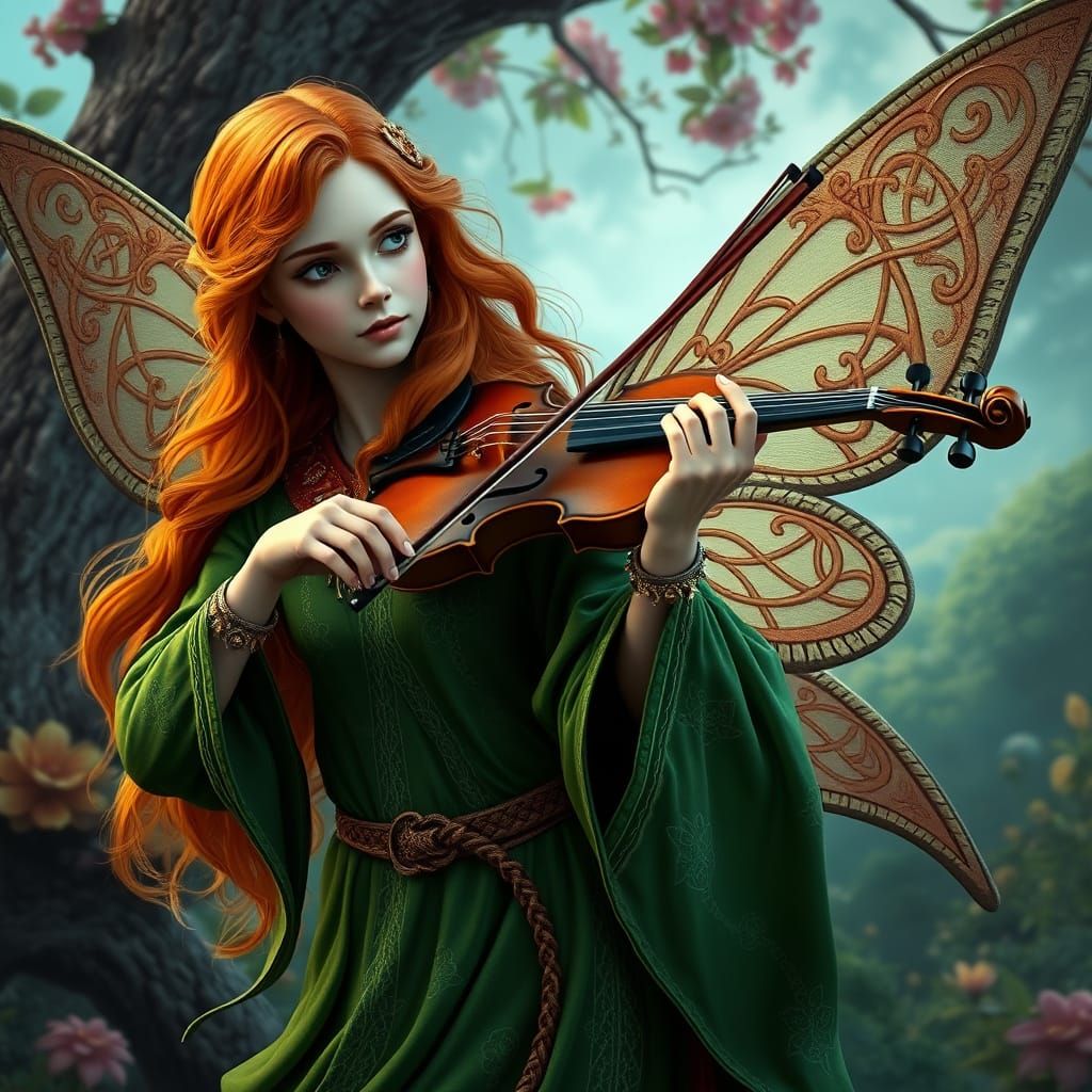 Celtic Fairy Playing Violin in Irish Landscape