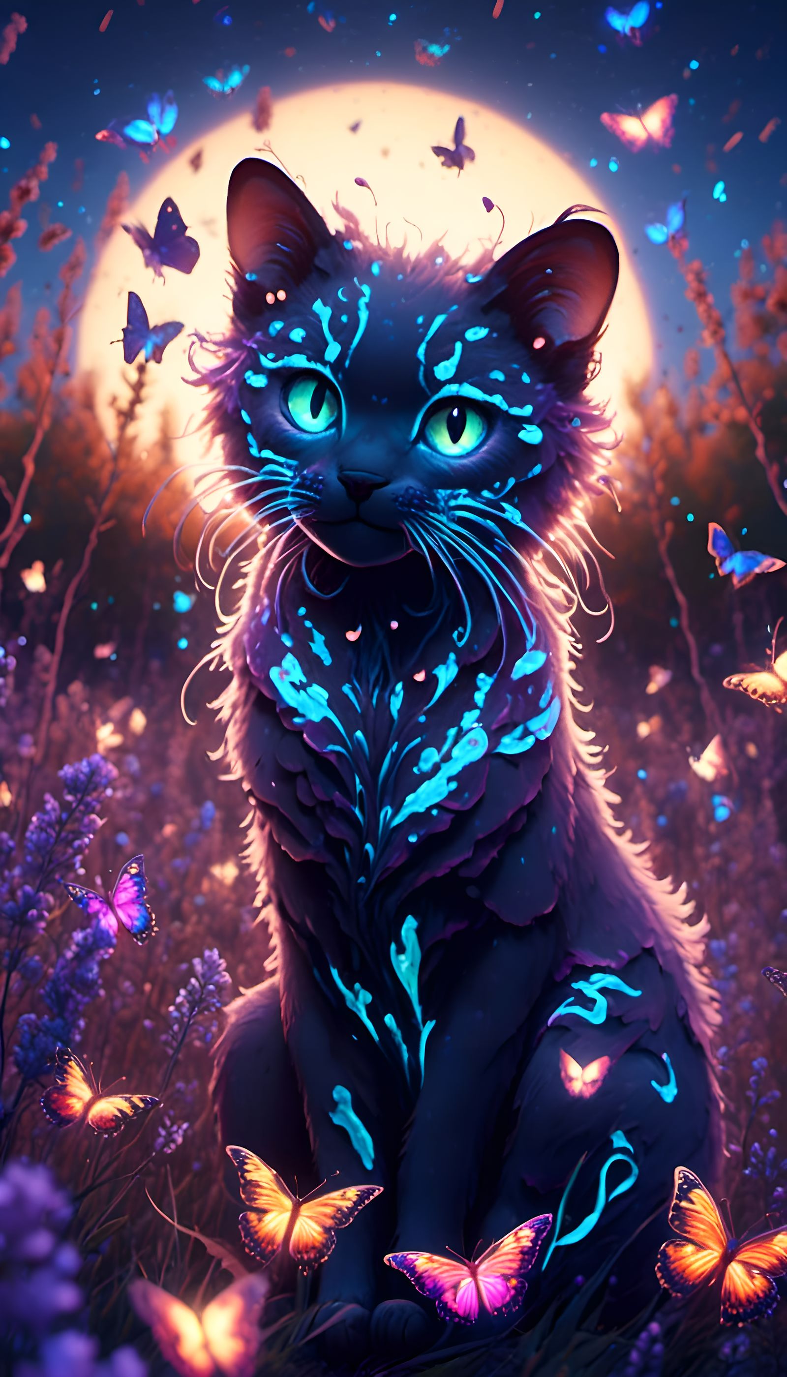 Bioluminescent Cat Guardian in Butterfly Field