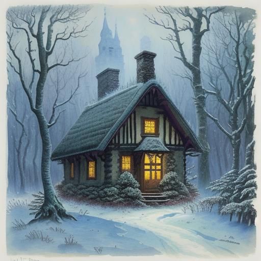 Whimsical Winter Cottage Scene in Watercolour Fantasy Style