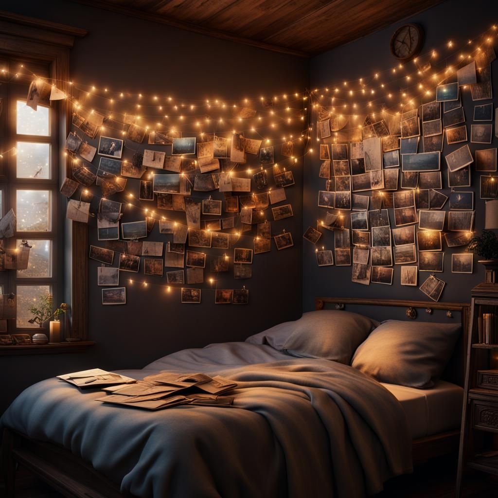Nostalgic Bedroom Bulletin Board with Fairy Lights
