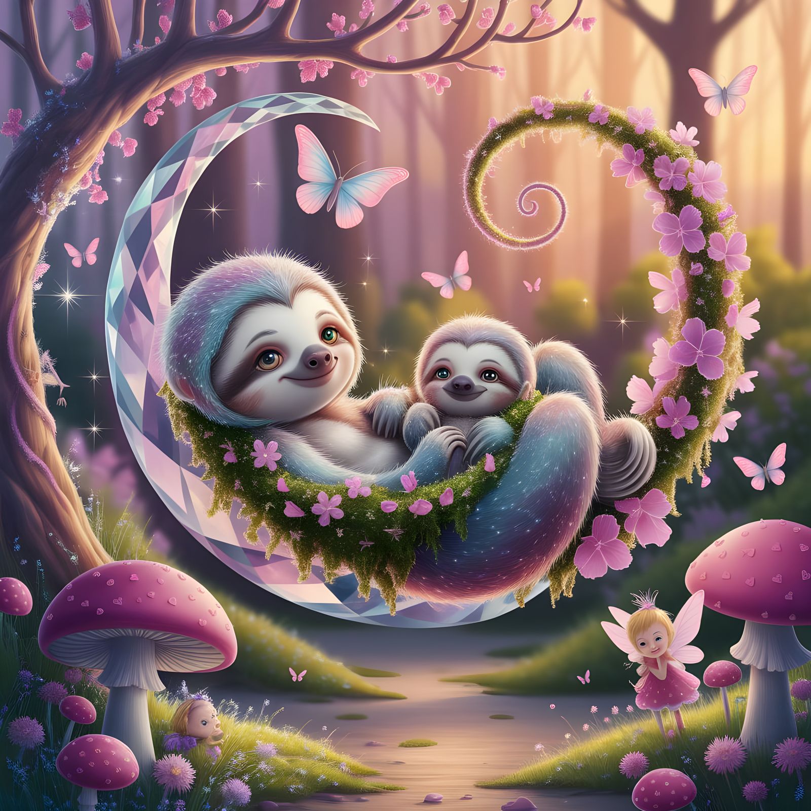 Dreamy Fantasy Forest with Sloth Family and Fairy