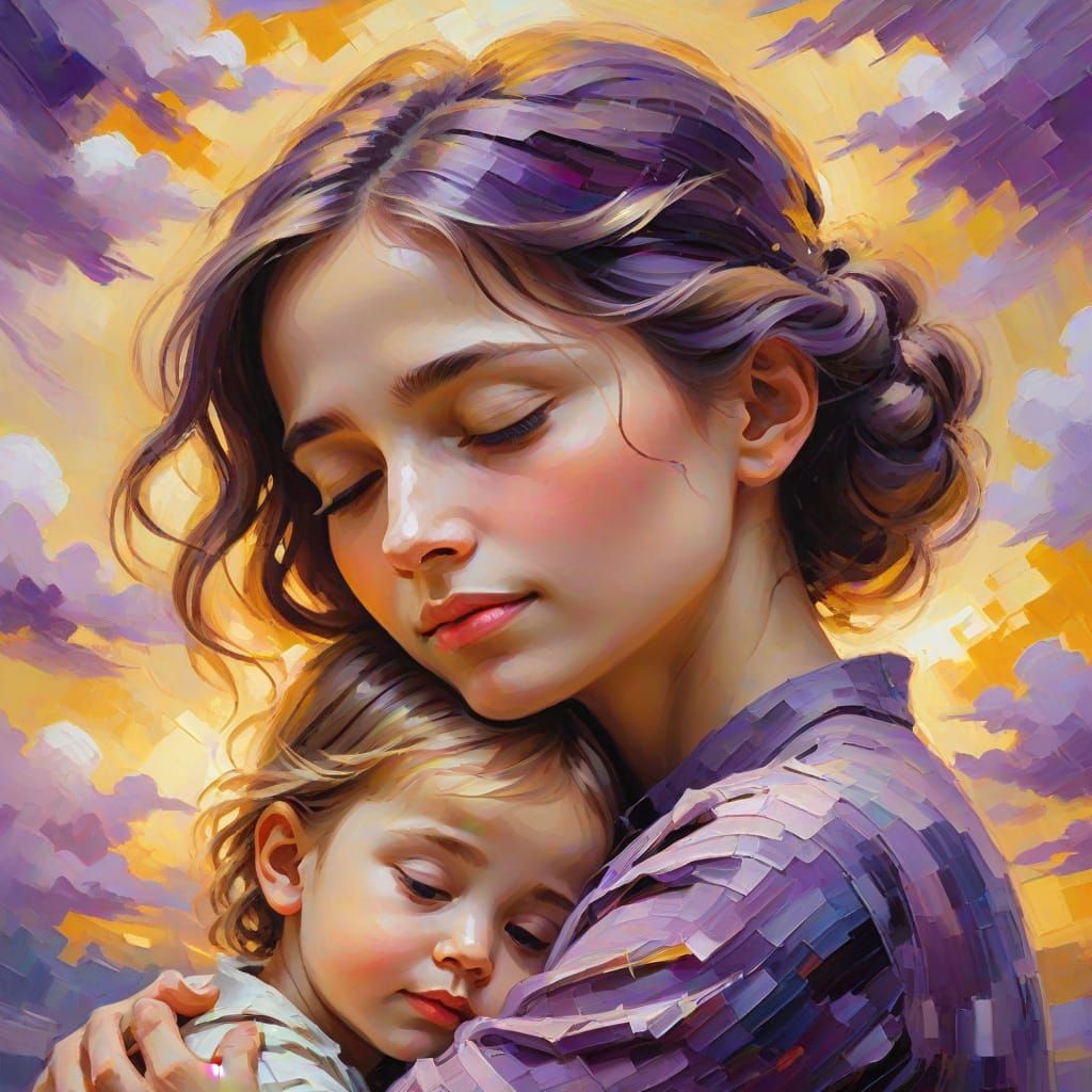 Warm and Radiant Motherly Love in Impressionist Oil Painting