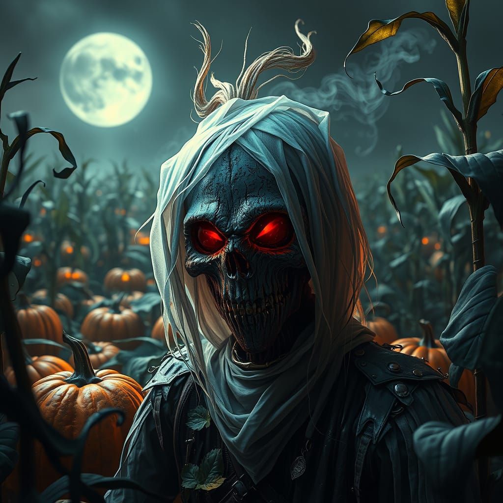 Ghostly Scarecrow in Spooky Pumpkin Patch Halloween Art