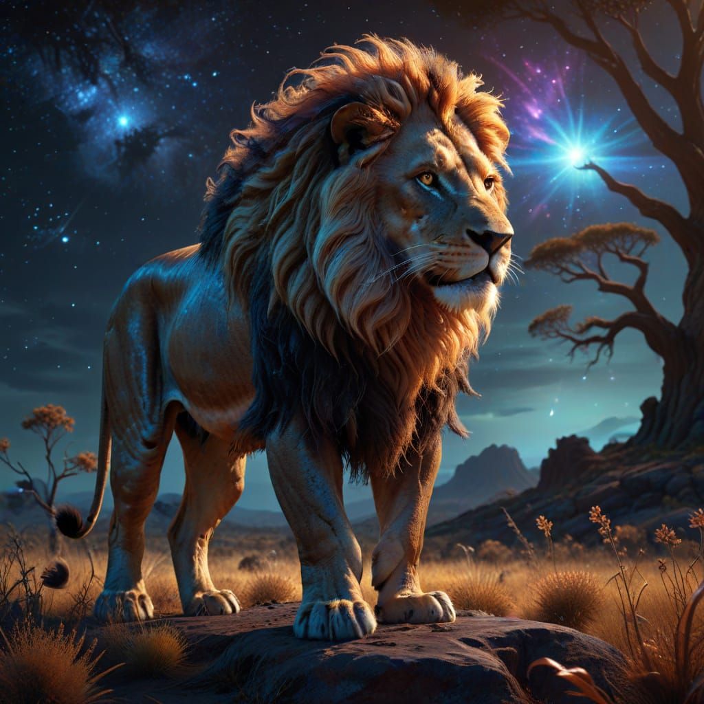 Majestic Lion on Alien Savanna in Hyperrealistic Digital Art