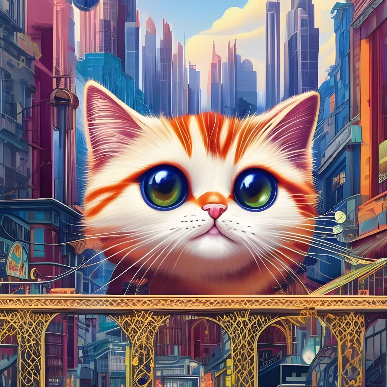 Chibi Cat Lost in City: Intricate Precisionism Art
