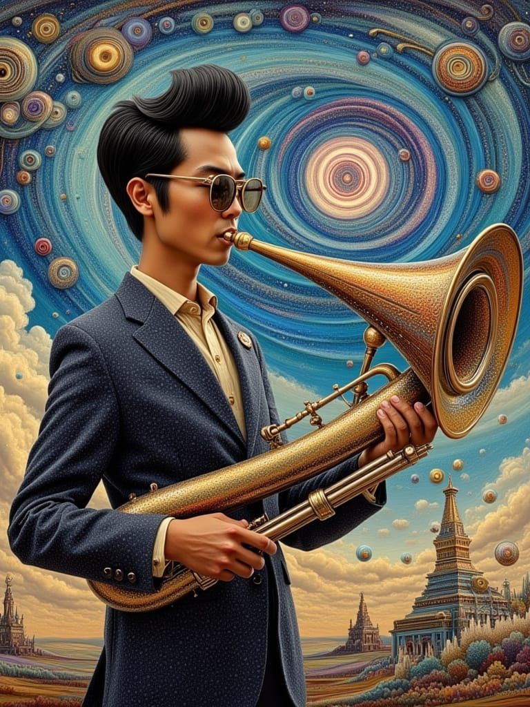 Jazz Musician's Spacetime Sousaphone in Surrealist Style
