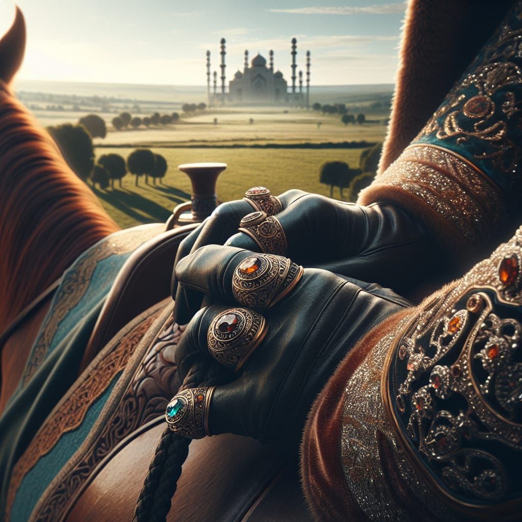 Ottoman Sultan Rides Majestic Horse through Lush Fields