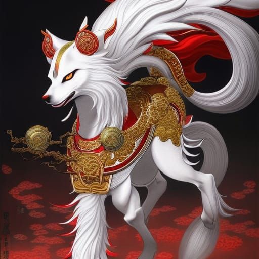 "Okami Amaterasu" as a regal white dog with golden markings in a lush, fantastical landscape inspired by traditional Jap...