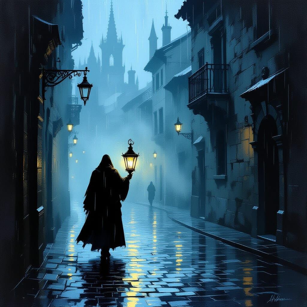 Gothic Figure With Glowing Lantern on Cobblestone Street