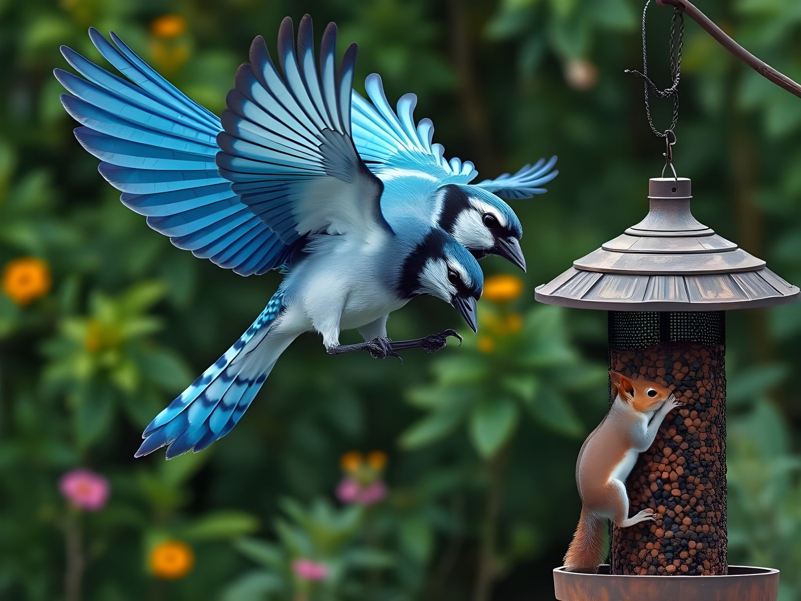 Conjoined Blue Jays in Flight Near Bird Feeder