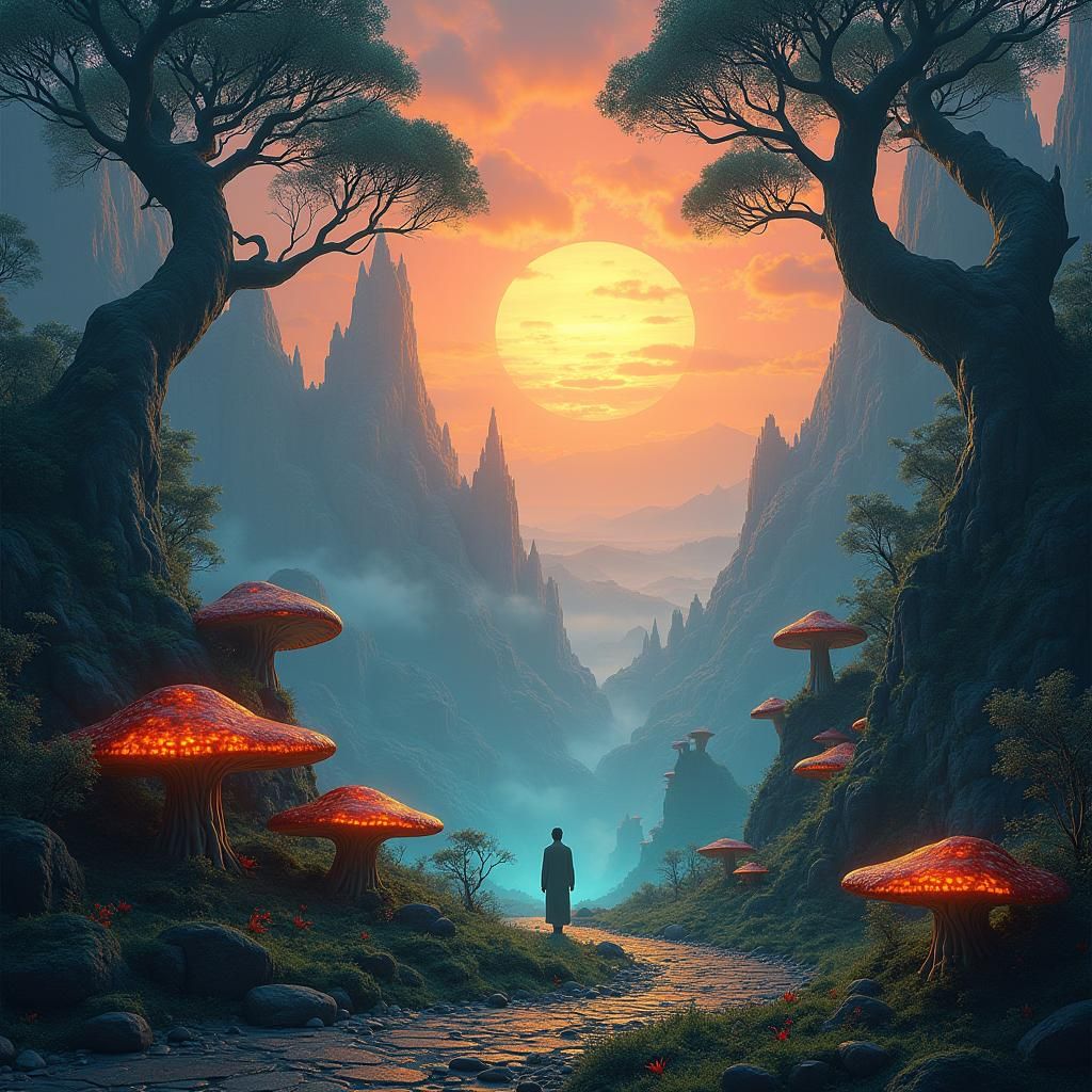 Fantasy Realm Sunset: Epic Landscape in Matte Painting Style
