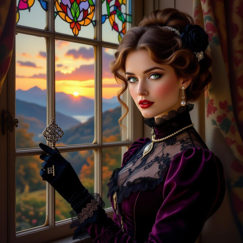 Victorian Woman with Key in Hudson River Landscape