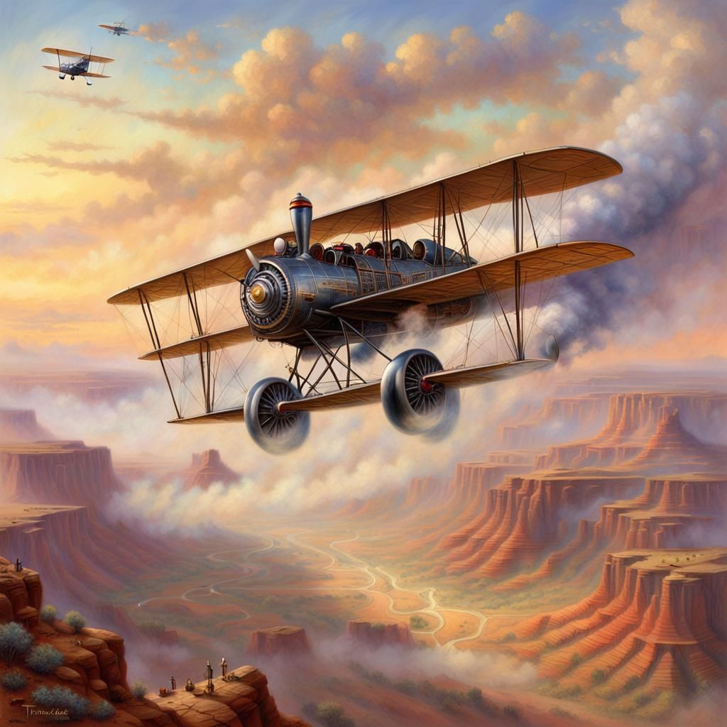 Steam Aircraft Over Desert Mesas in Ethereal Style