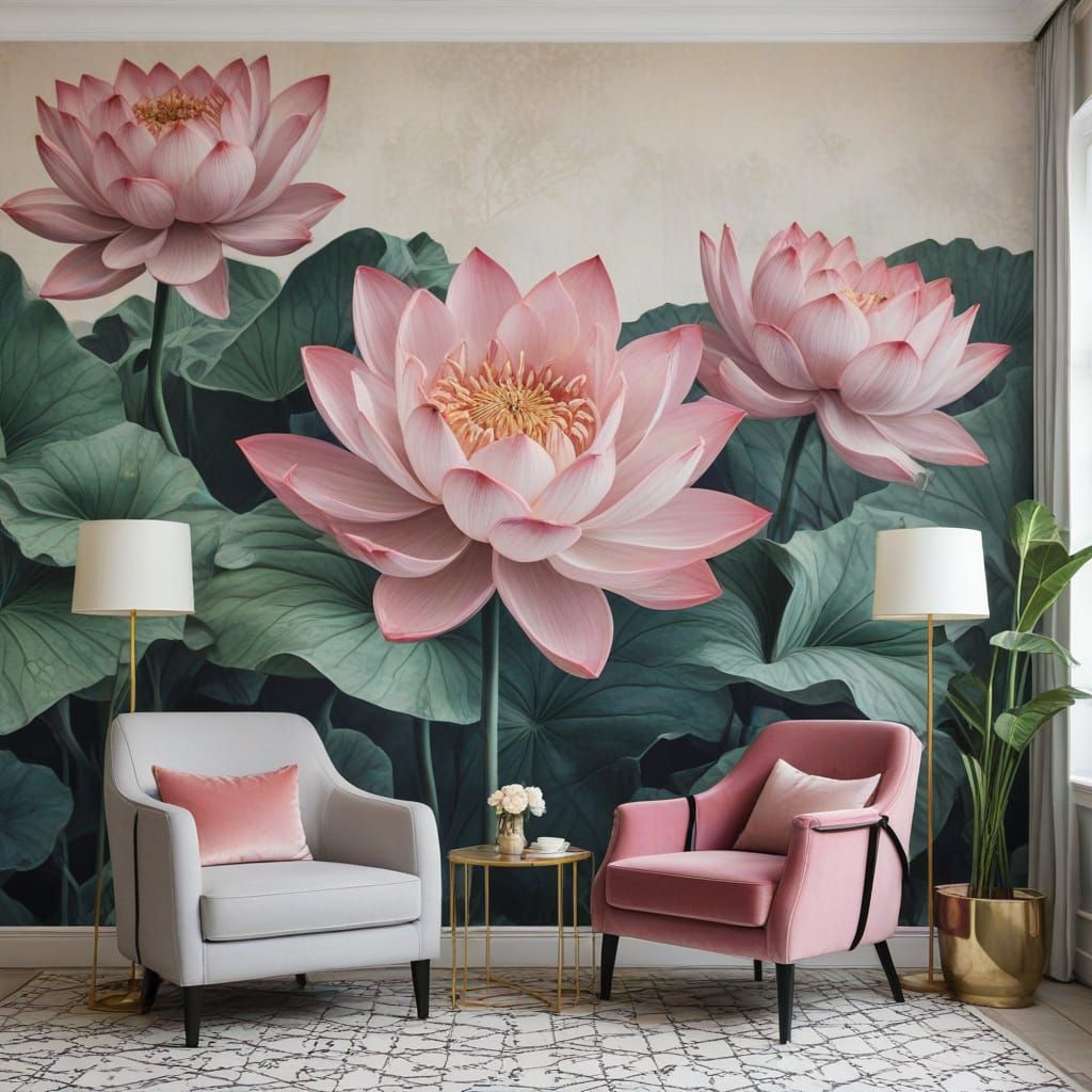 Modern Salon Wallpaper with Lotus Flowers