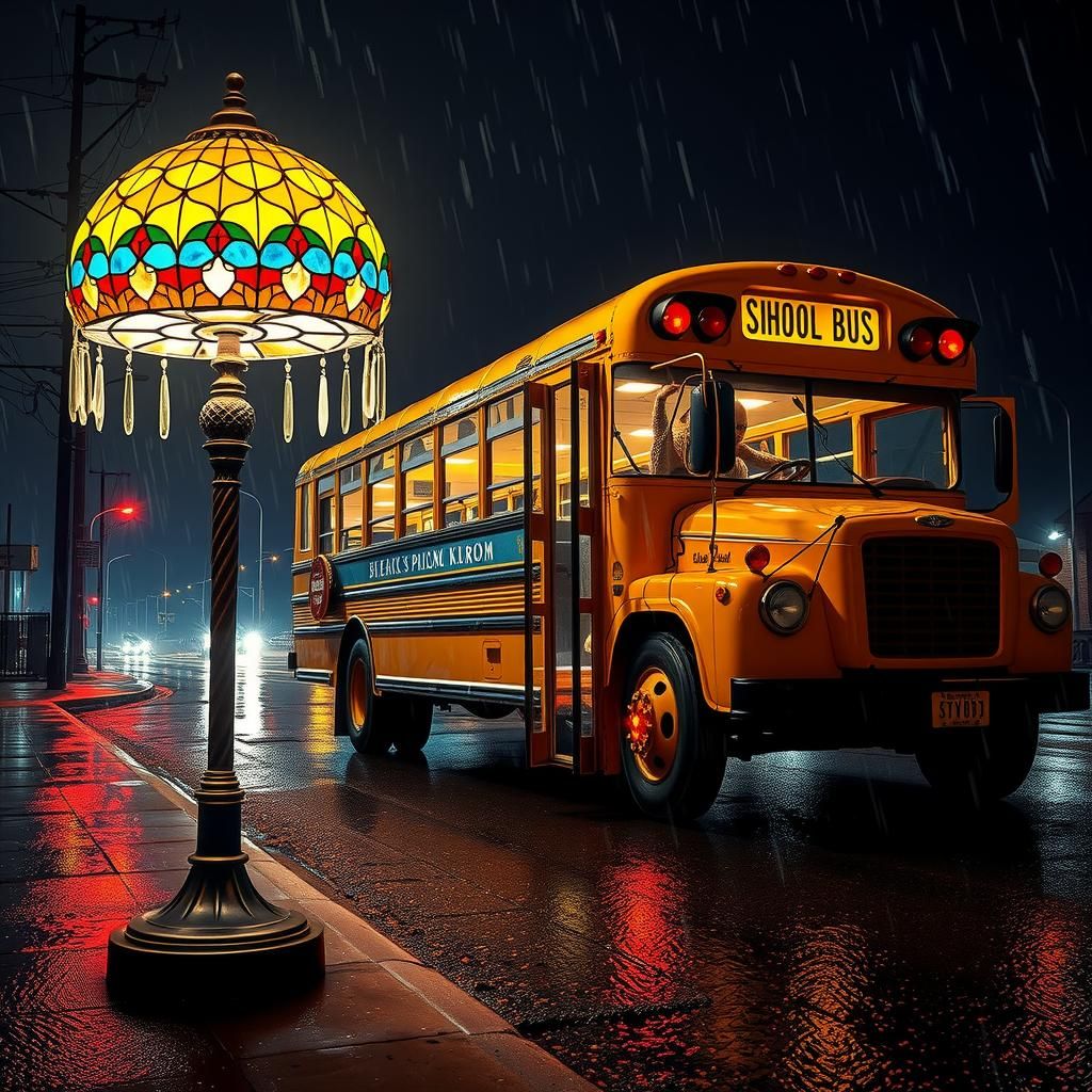 Surreal School Bus with Tiffany Lamp in Rainy Street
