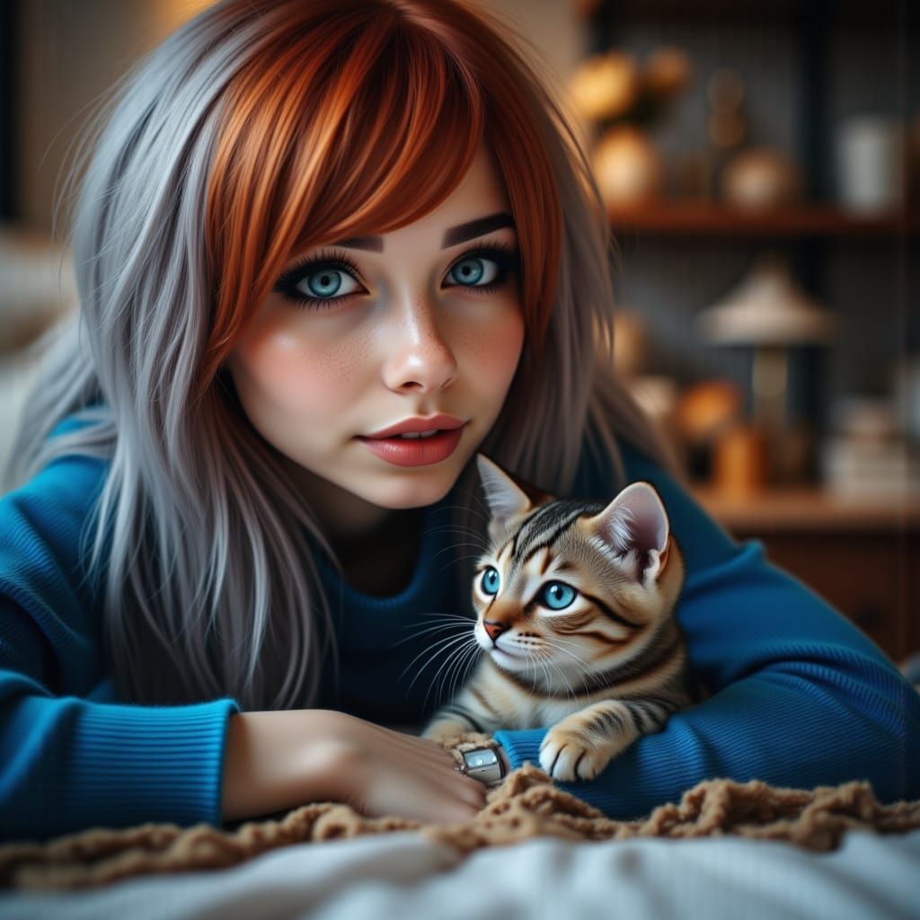 Woman With Blue Outfit and Red Grey Hair Plays With Cat