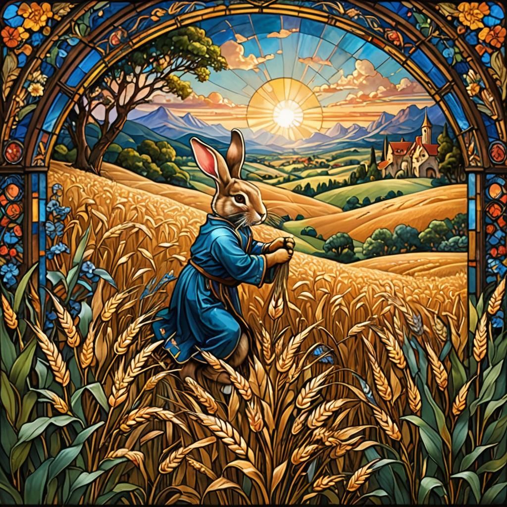 Rabbits Harvesting Grain in Stained Glass Style