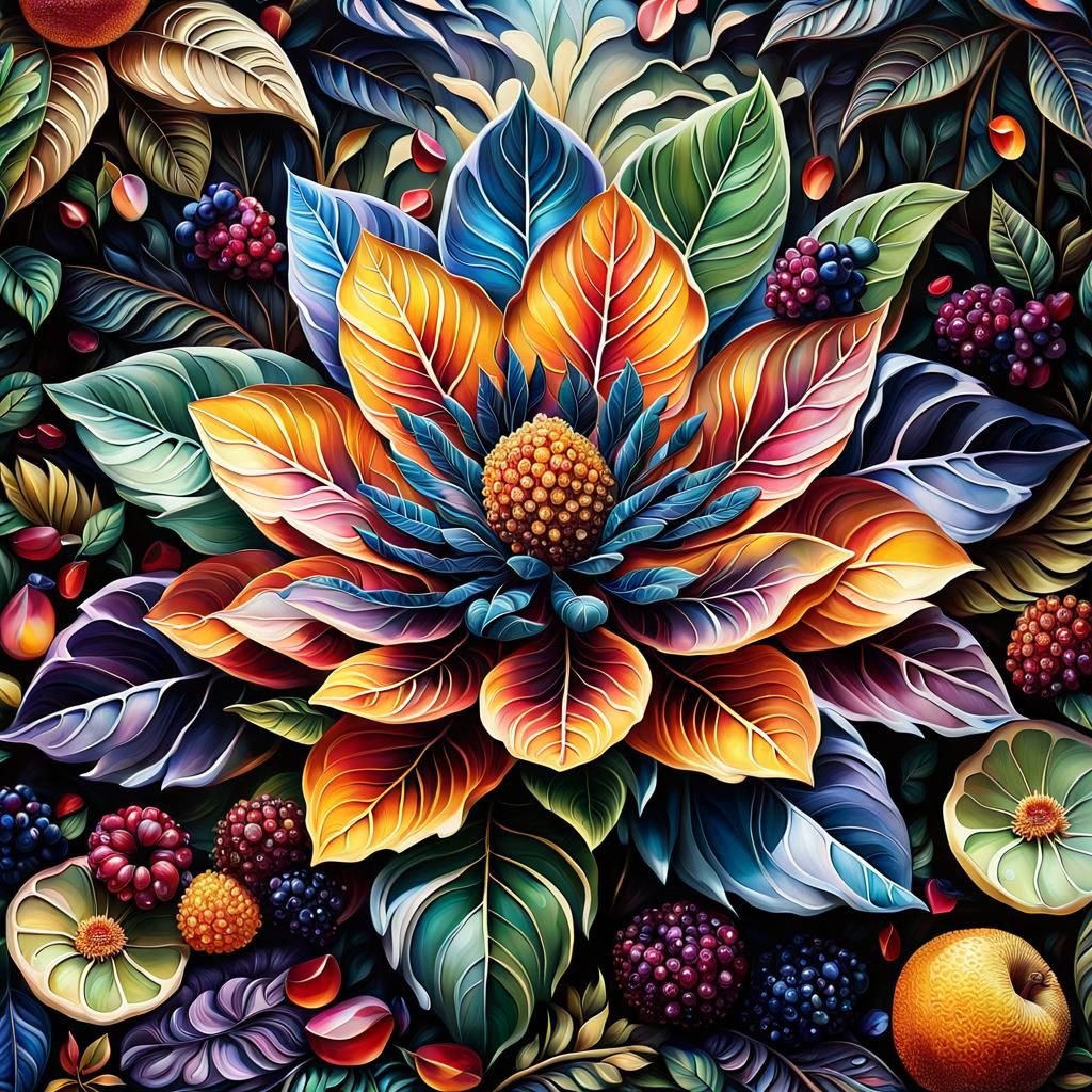 Crystallized Fruit in Ornate Leaves: Hyperdetailed Airbrush ...