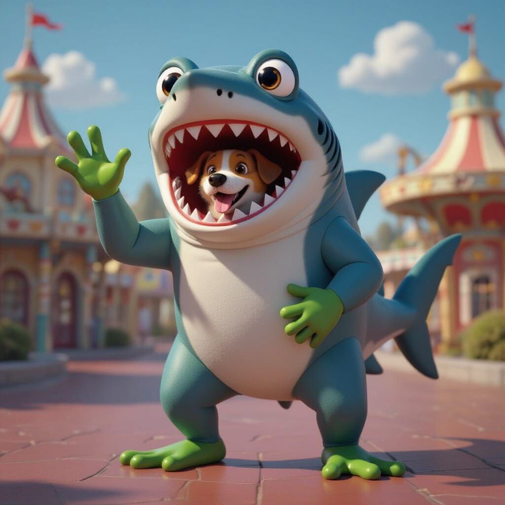 Frog in Shark Costume with Dog, Disney Cartoon Style