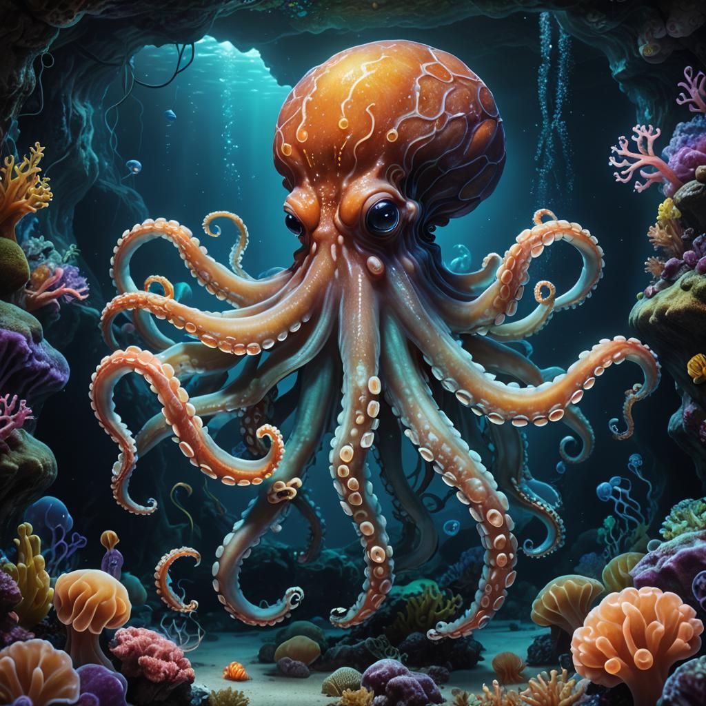 Bioluminescent Octopus in Underwater Cave, Digital Art