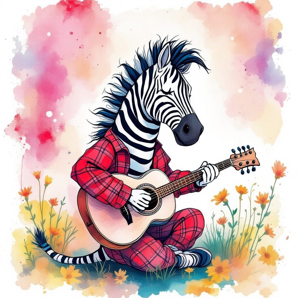 Grunge Watercolor of Cartoon Zebra Playing Acoustic Guitar