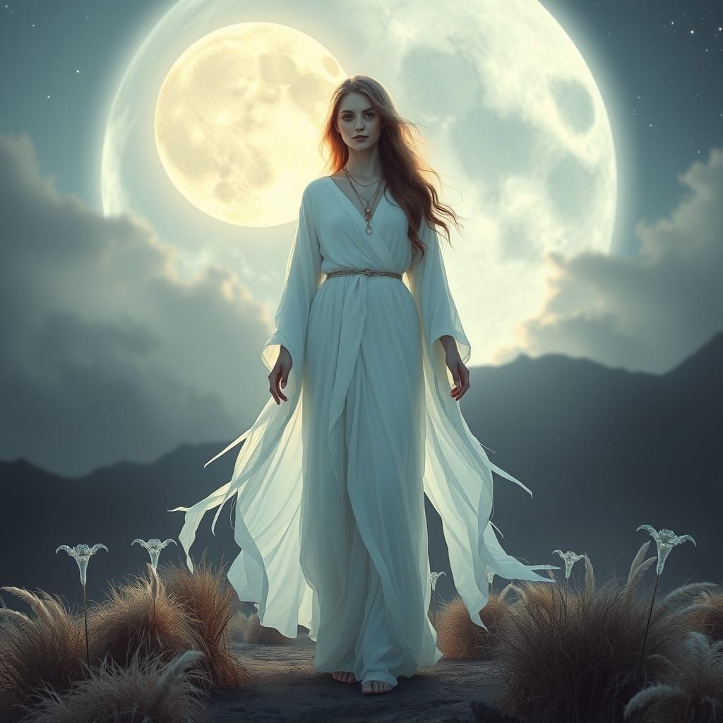Ethereal Moon Goddess in Lunar Landscape