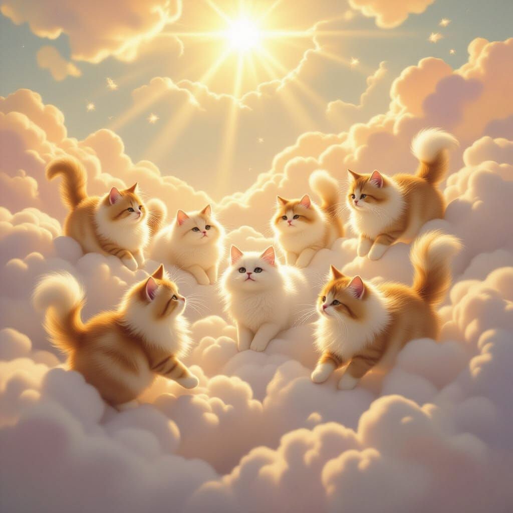 Fluffy Cats Play in Celestial Paradise