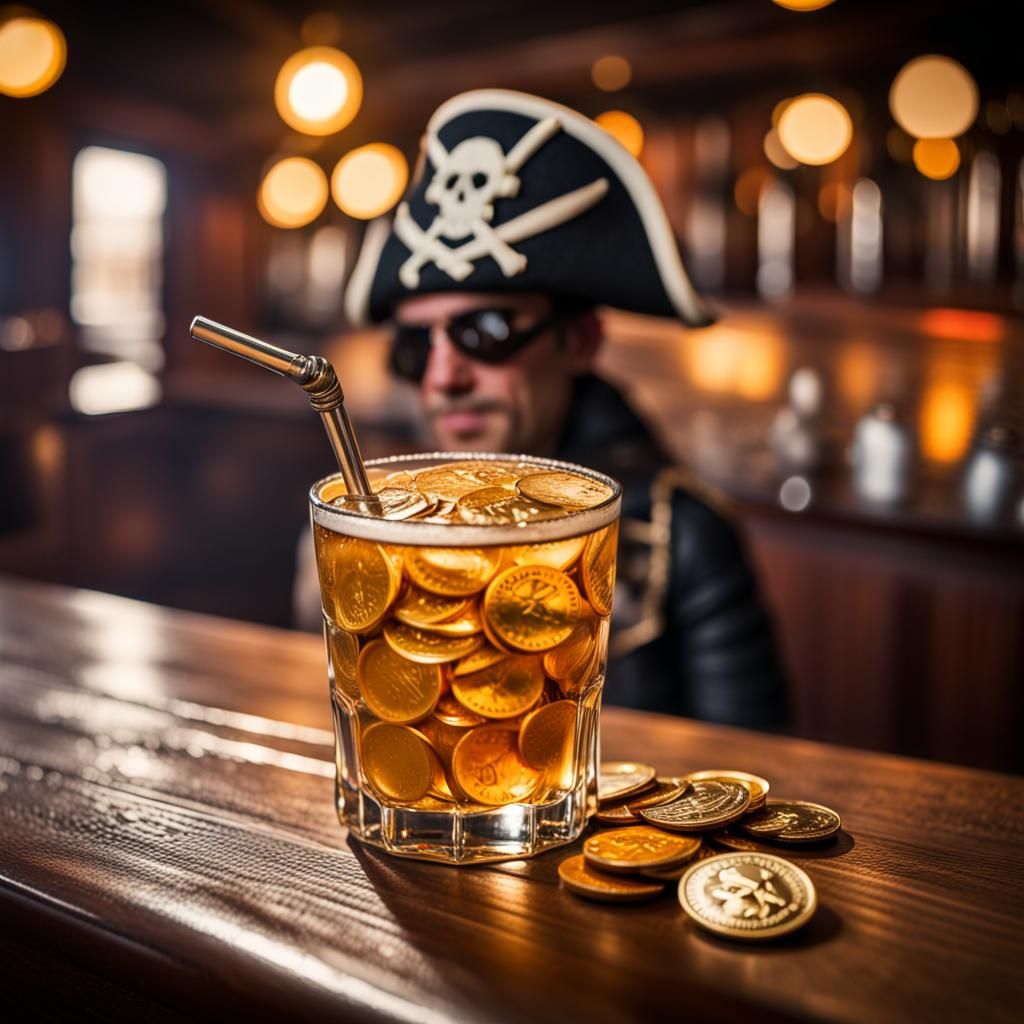 Pirate at Pub Paying with Gold Coins
