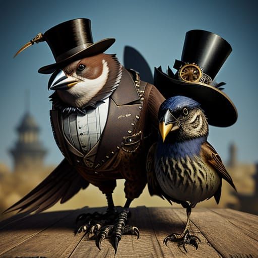 Steampunk Sparrow in Top Hat and Cane, Rendered in Unreal En...