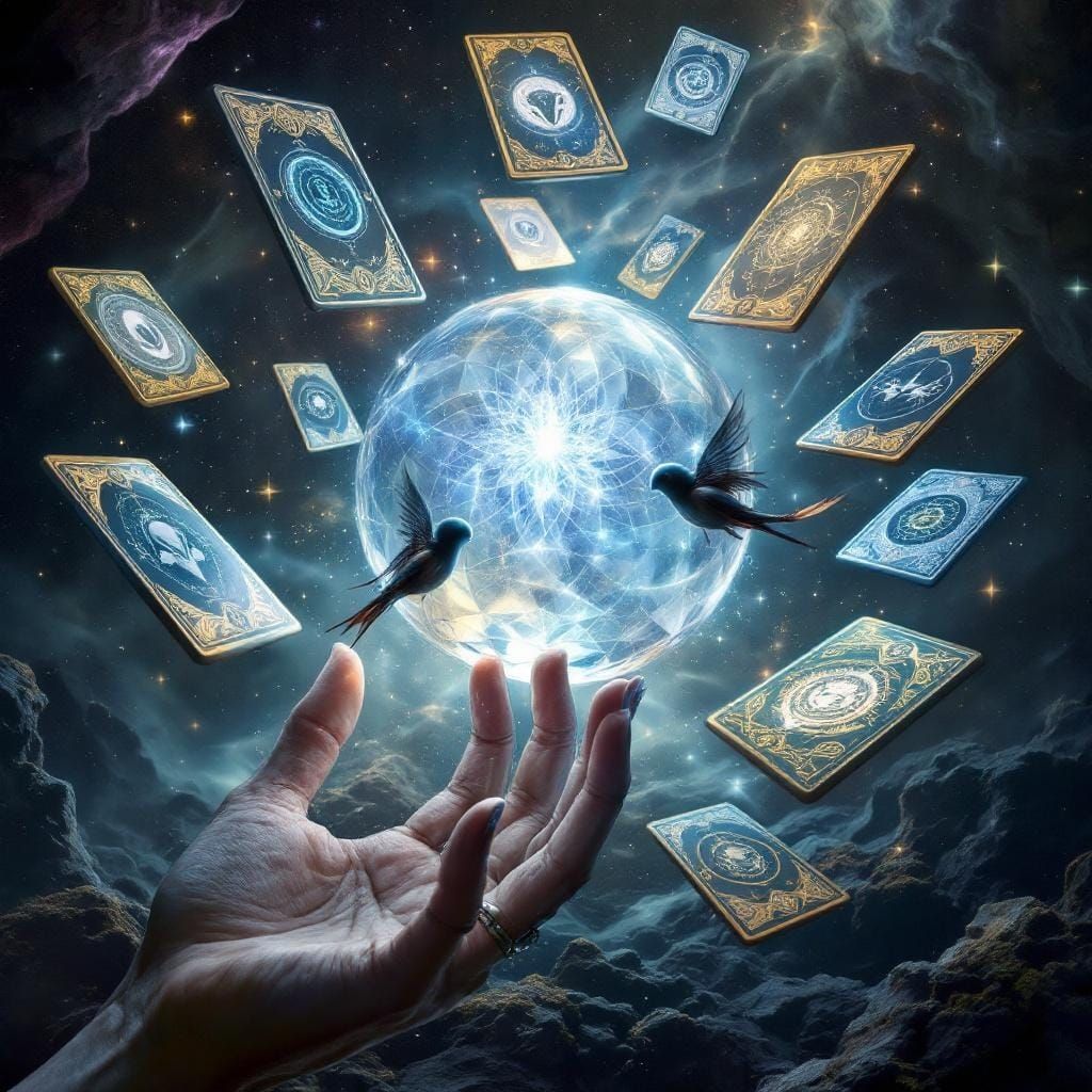 Mystical Tarot Cards Orbiting Crystalline Orb