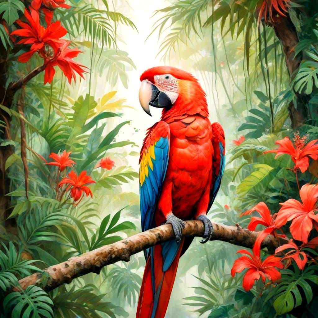 Vibrant Scarlet Macaw in a Lush Rainforest Canopy