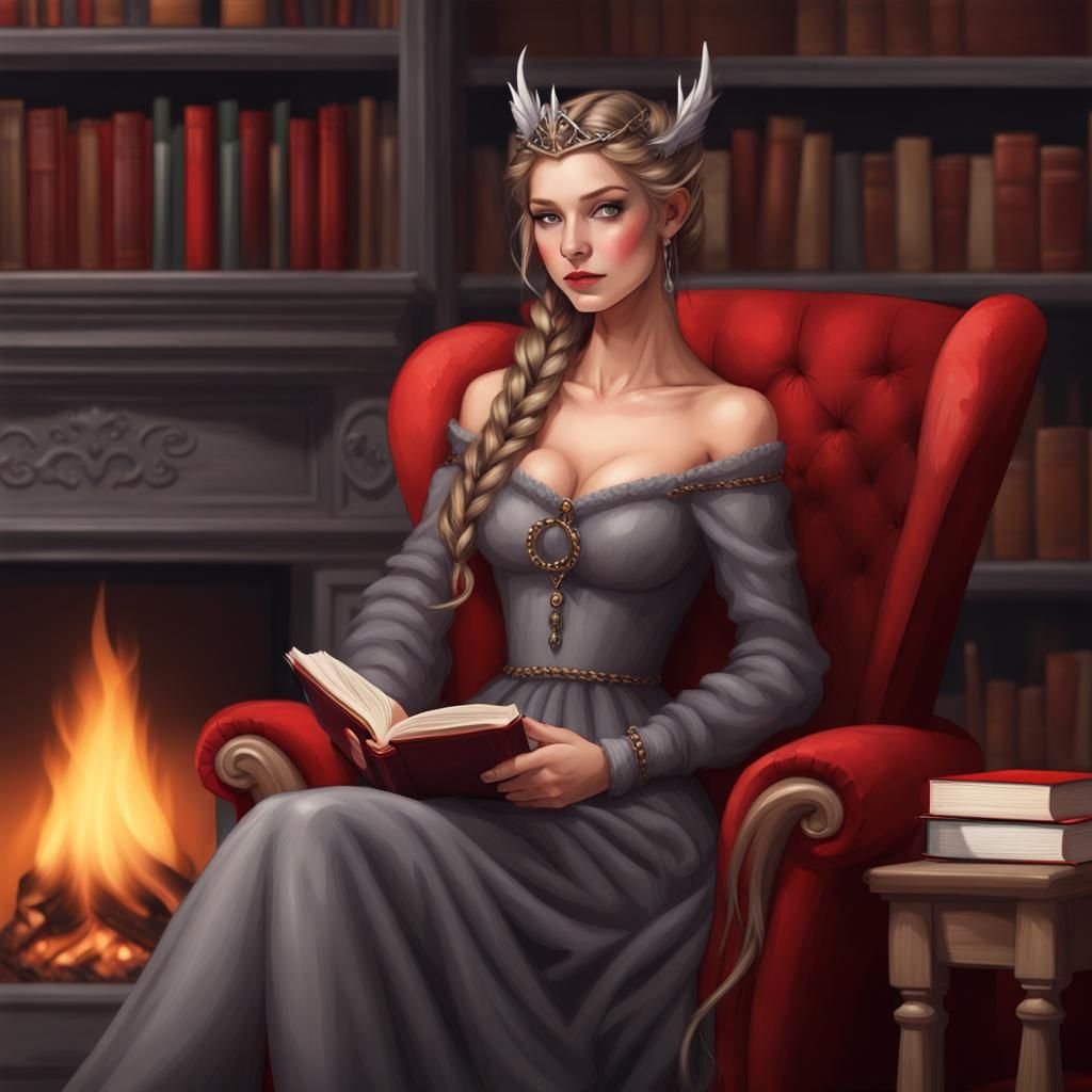 Fantasy Fae Woman Reading in Library