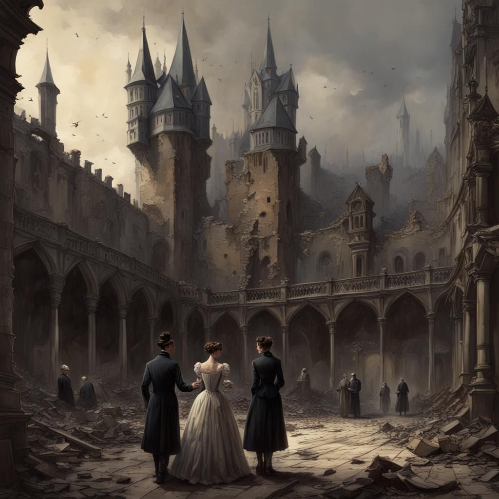 Gothic Castle Courtyard with Victorian Figures