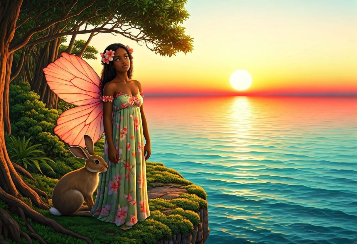 Island Fairy Contemplates Sunset in Tropical Paradise