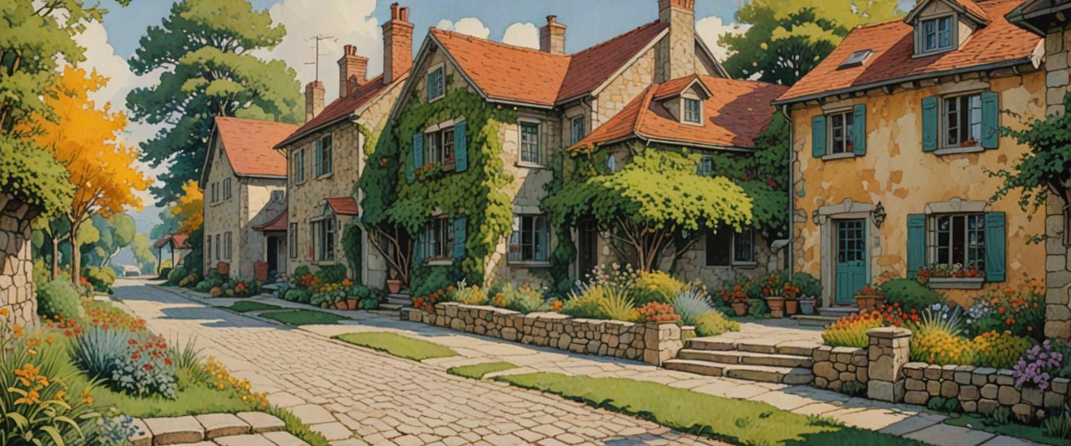 Quaint Village Scene in Comic Book Style
