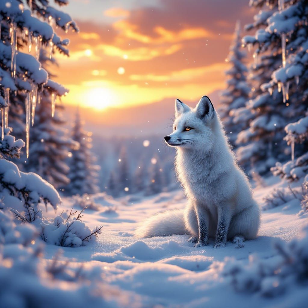 Whimsical Arctic Fox in Snowy Forest Sunset