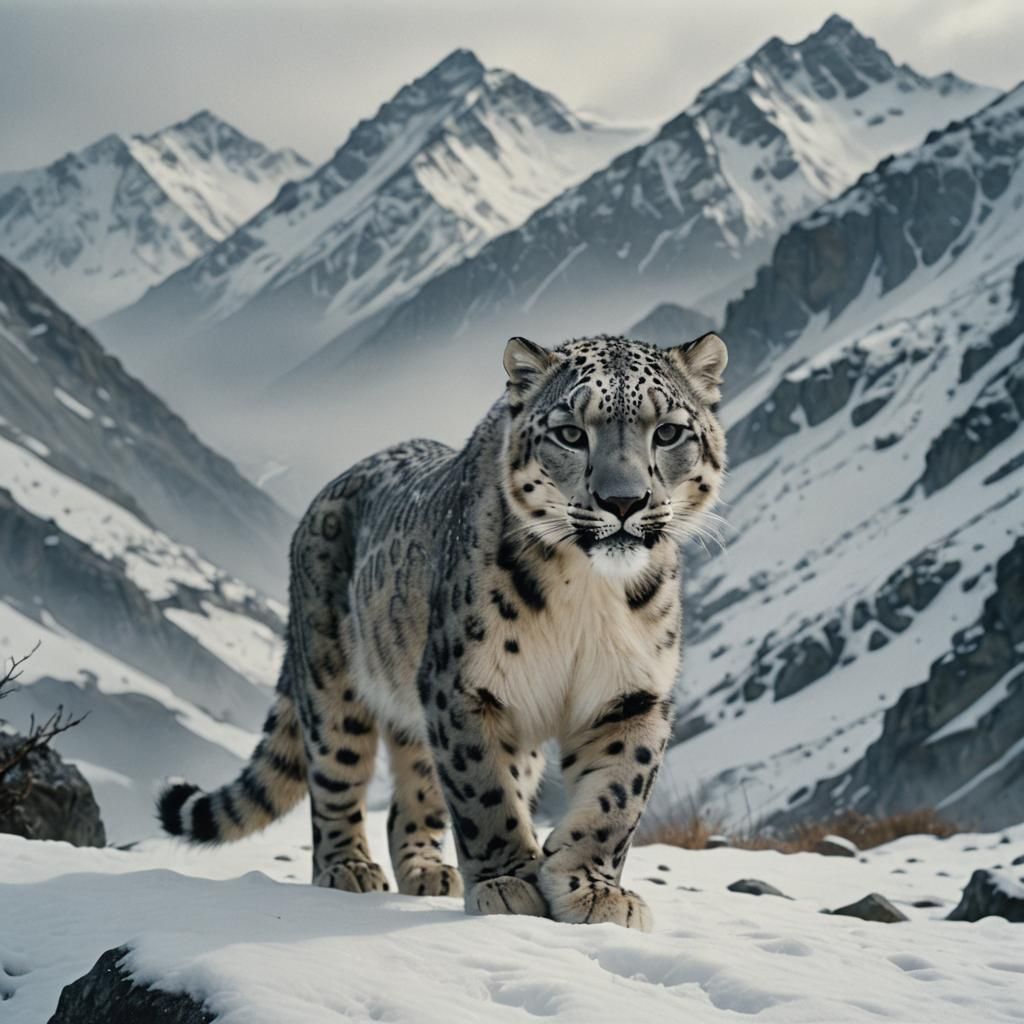 Snow Leopard in Snowy Mountain Landscape
