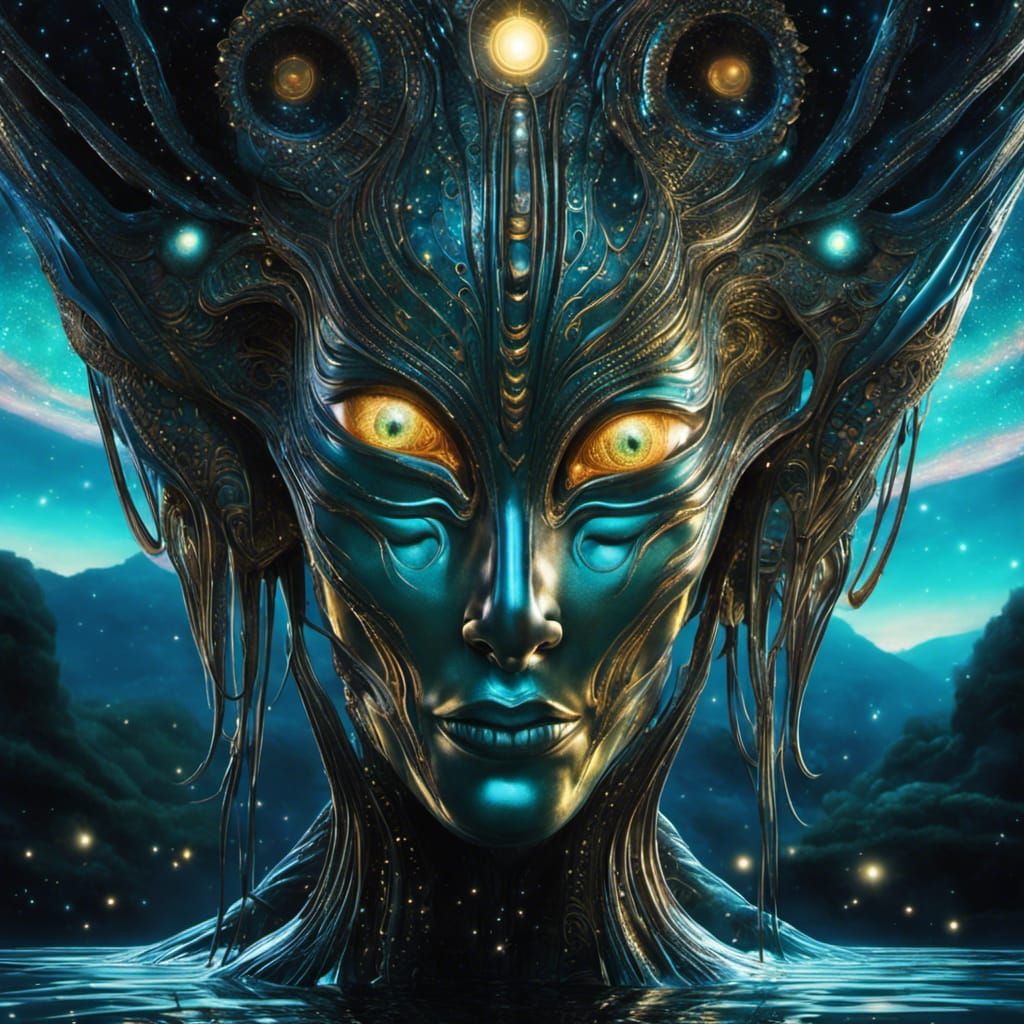 Biomechanical Alien Face Emerging from Cosmic Pool